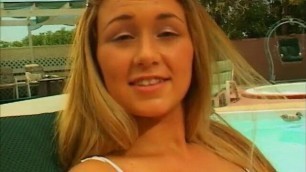 Flirty teen with big boobs swallows cum after giving a blowjob