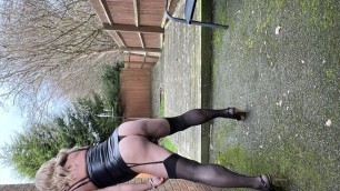 Amateur crossdresser Kellycd2022 sexy milf stockings heels pvc peeing in panties outdoor outside