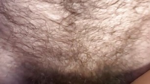 Close-up of my hairy uncut white dick fucking pussy (sex toy) on the table until I give it a messy creampie