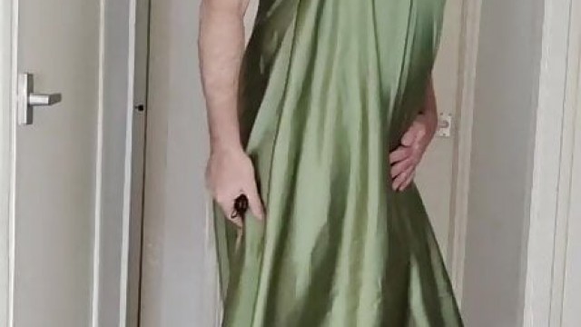 Hot crossdresser green satin slip dress